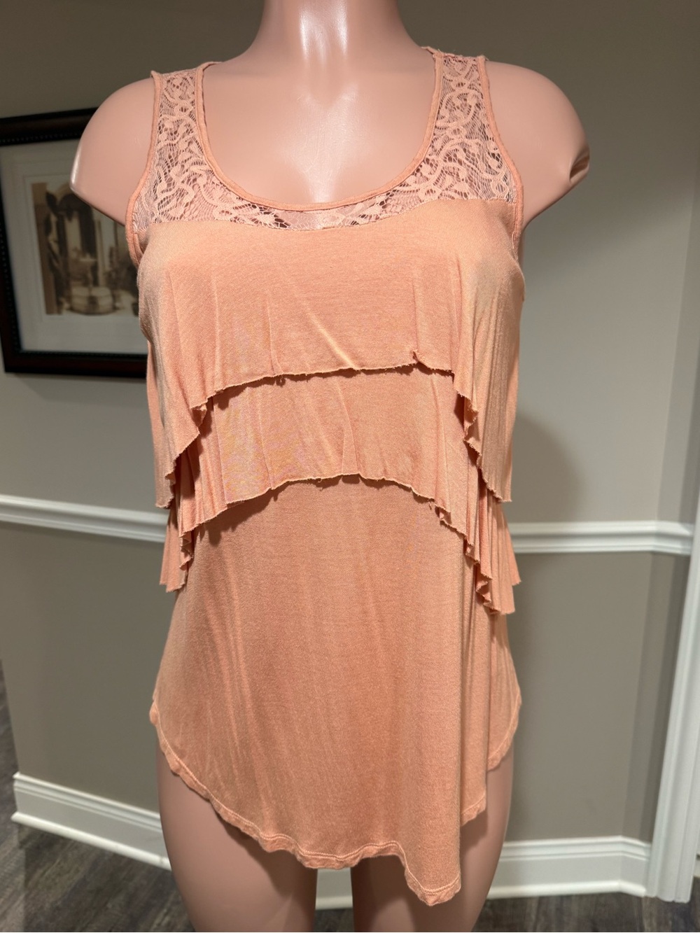 Peach Lace Tiered Ruffle Tank Top